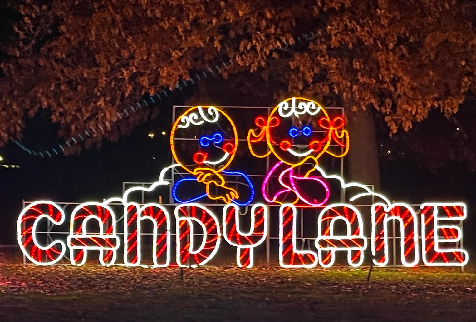 Gingerbread characters above the illuminated Candy Lane sign.